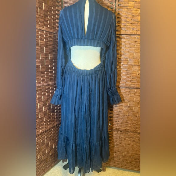 ASOS Dress Blue Pin Strip Sz 10 Sheer Overlay Long Sleeve Exposed Back ruffles - Picture 13 of 16